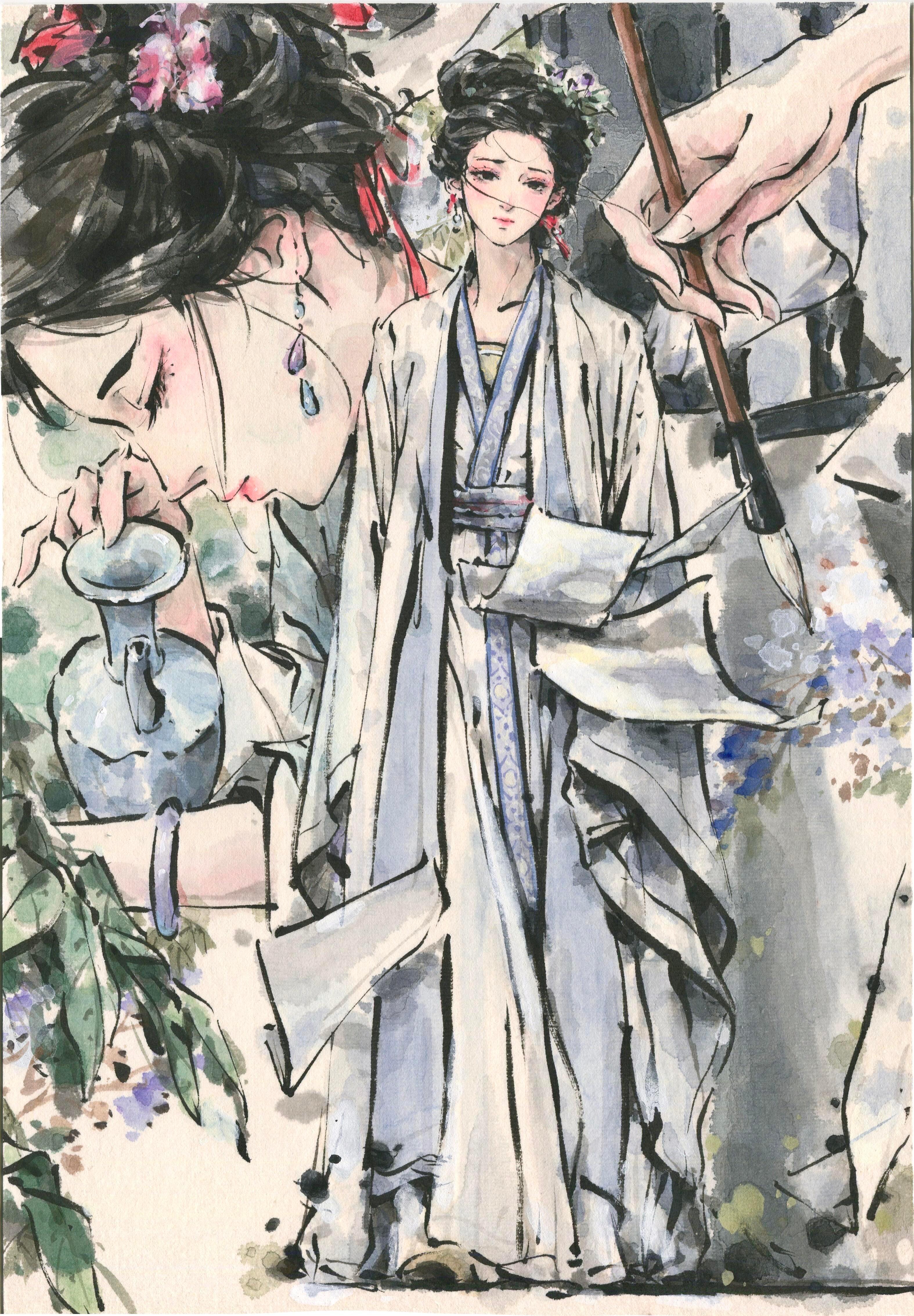 灵动的水墨风格速写，水墨构图，水彩渲染。🎨/艺术达人盛夏壁纸大放送动漫仲夏狂
