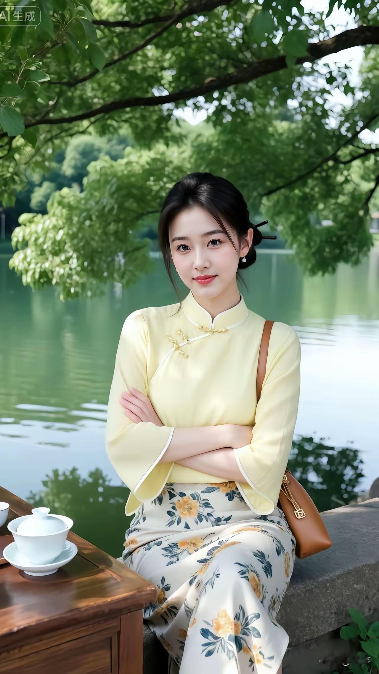 在绿意盎然的湖畔，享受一盏清茶带来的宁静与美好。