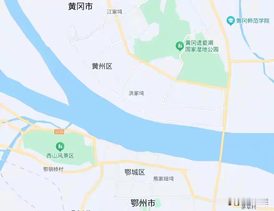 湖北省的鄂州市与黄冈市，从地图上分辨，，仅仅只相隔着一道长江，中间还有若干条长江