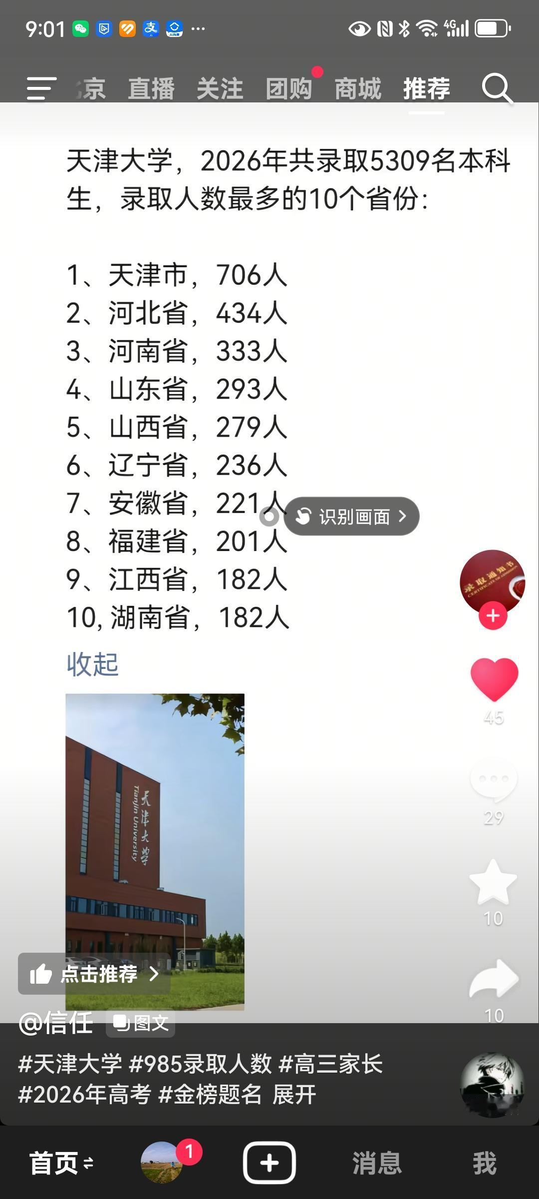 2026年天津大学共招收5309名本科生，录取人数最多的十个省份为：1.天津