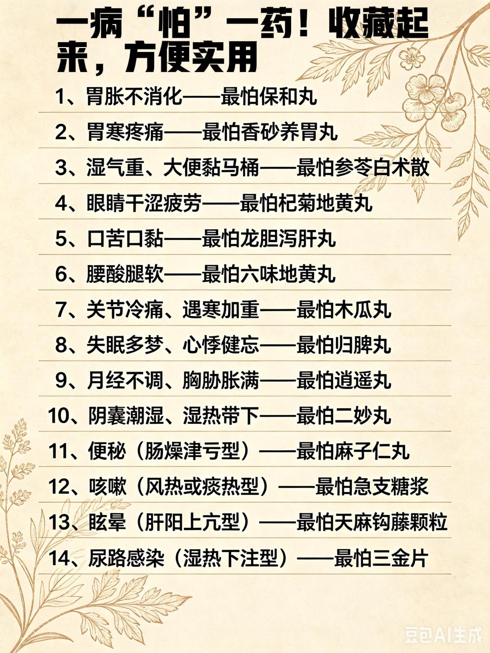 一病“怕”一药！14种常见病“最怕”的中成药，收藏起来，方便实用1、胃胀不消