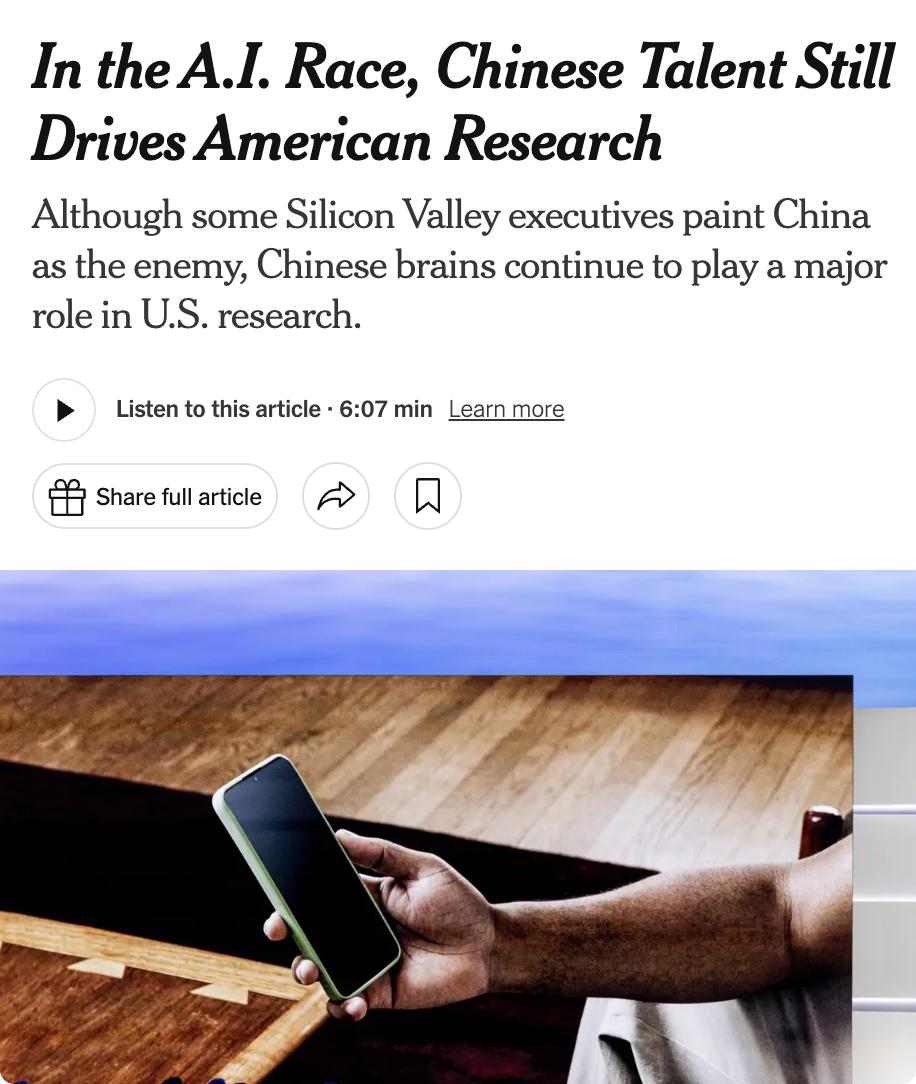 美媒：尽管部分美国政商界人士将中国视为人工智能领域的对手，但最新报道显示：中国人