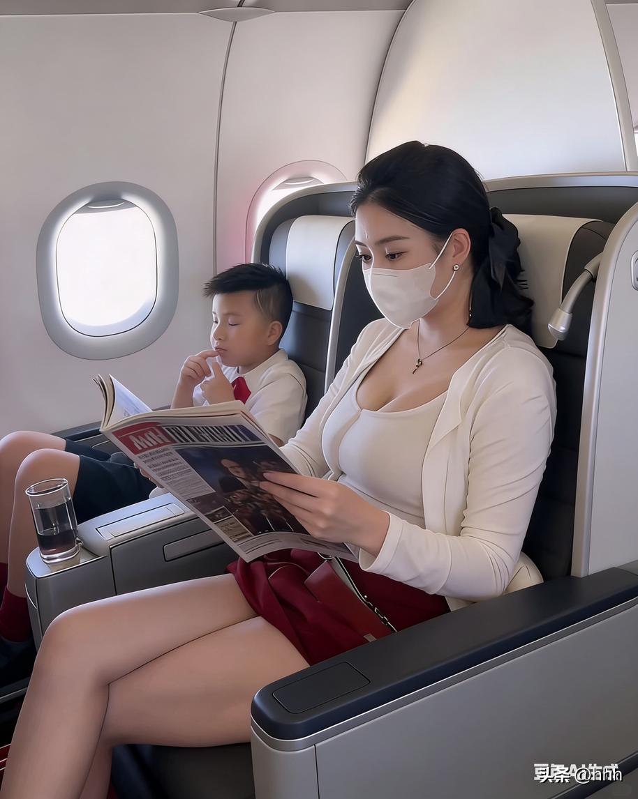 母子俩在飞机上享受阅读的宁静时光，口罩下的微笑更显温馨。