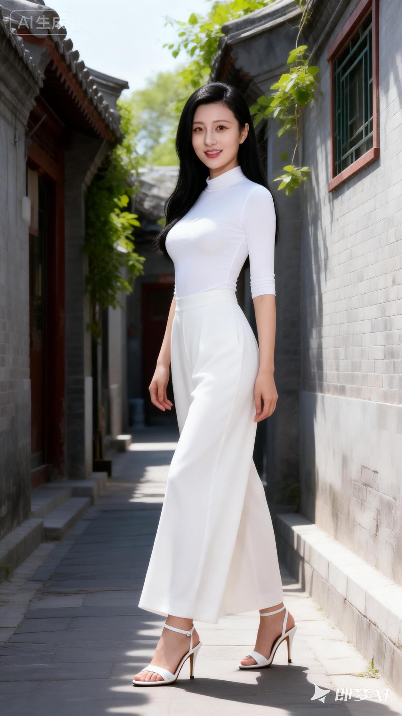 优雅白裙漫步古巷，尽显东方韵味