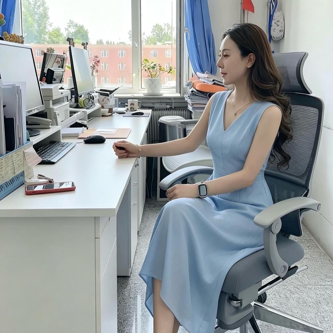 哇！这位学校办公室主任也太养眼了！一袭淡淡的蓝色长裙，端庄又大方。坐在办公