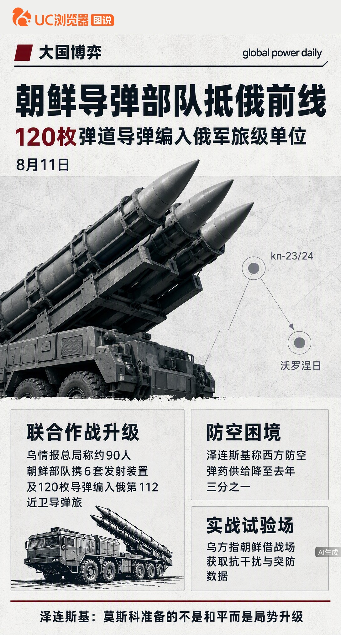 俄军空袭现朝鲜导弹残骸，乌方称90人朝军部队携120枚弹道导弹抵前线。泽连斯基警告局势升级，而乌防空