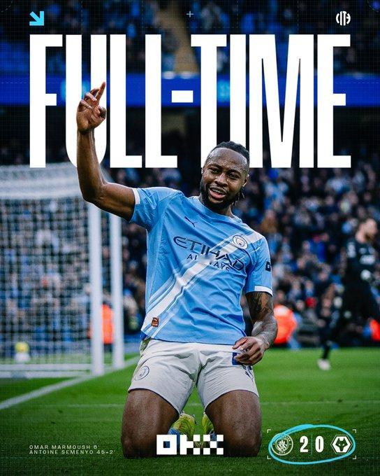 足球曼城2-0狼队，终结4轮不胜，先赛一场距榜首阿森纳4分。关键事件•6’努