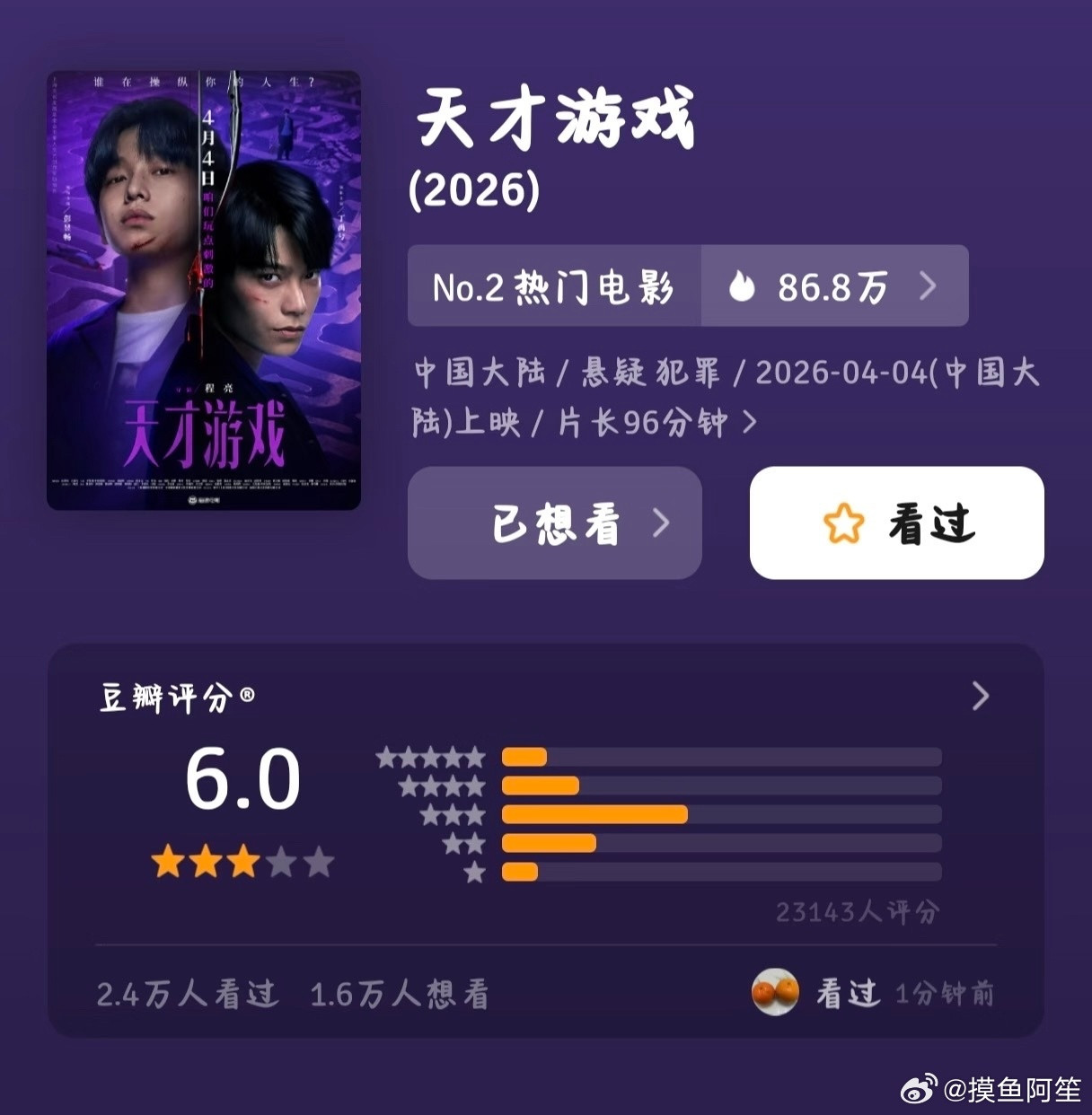 丁禹兮天才游戏豆瓣开分6.0