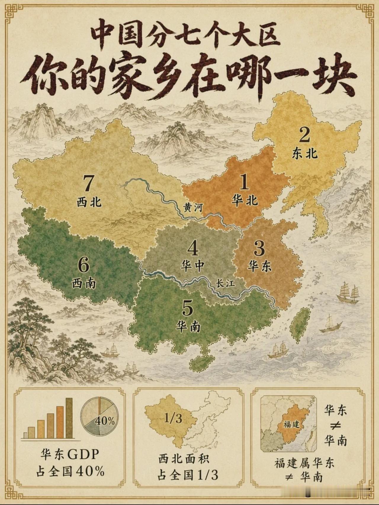 中国七大地理分区，很多人连自己家乡归哪区都搞错！很多人平时聊南北方，只会简