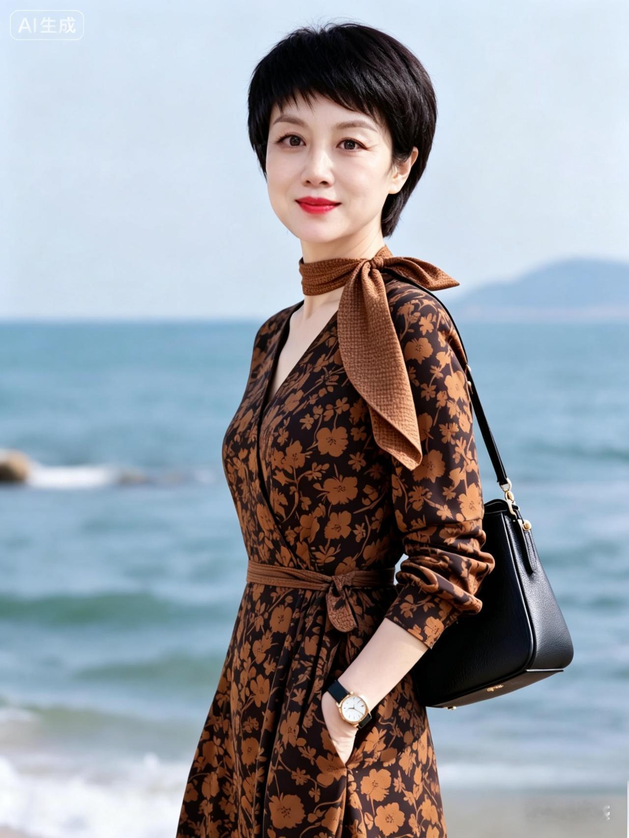 优雅短发中年女士身着棕底暗纹收腰连衣裙，同色系飘带衬颈，腕表配黑皮包，侧身温柔望