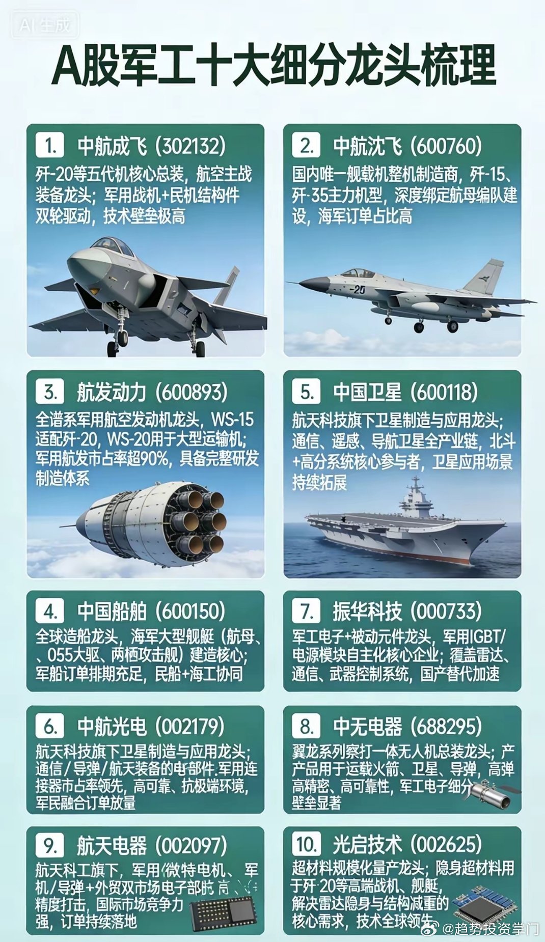 A股军工十大细分龙头1. 中航成飞：歼-20总装，战机龙头2. 中航沈飞：舰载机