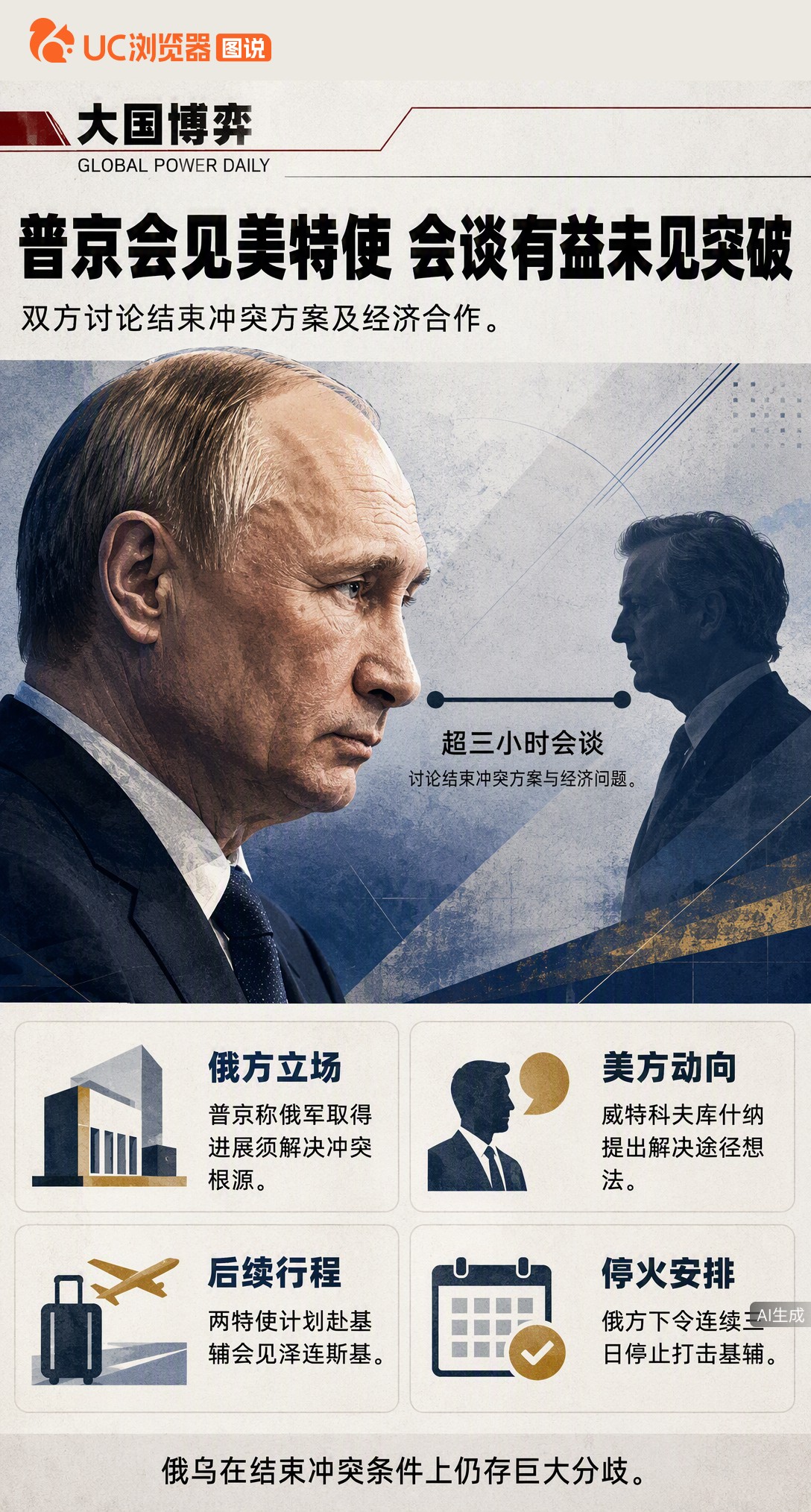 普京跟美国特使谈了3个多小时，俄方说“非常有益”，但没突破。双方互停了几天火，可领土分歧还在那摆着。