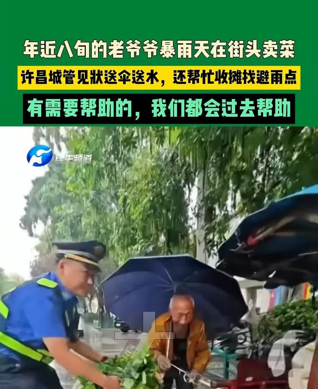 太暖心了，近日河南多地都下起了大雨，许昌的一位老人还在冒雨卖蔬菜和自家产的土鸡蛋