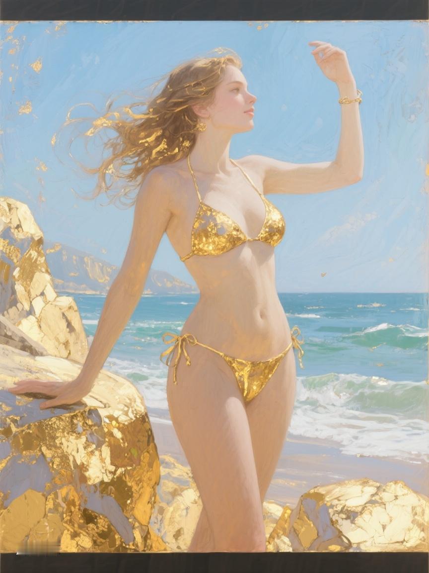 AI妙生图在金色海滩，那抹金色闪耀如梦，如海浪翻涌，让心随海风舞动，追寻自由的轨