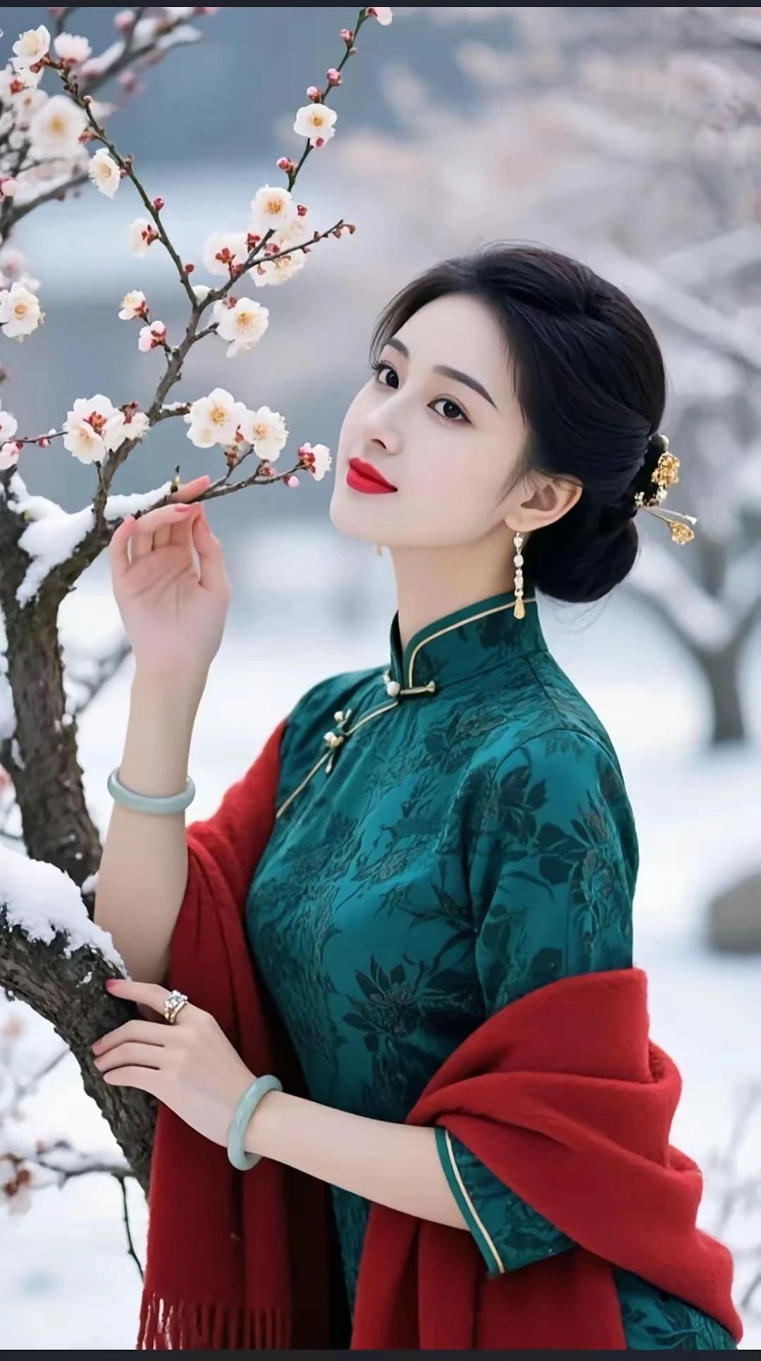 姑娘欣然赏梅花，各美其美竞娇雅。梅花欢喜漫天雪，眼含秋水映流霞。