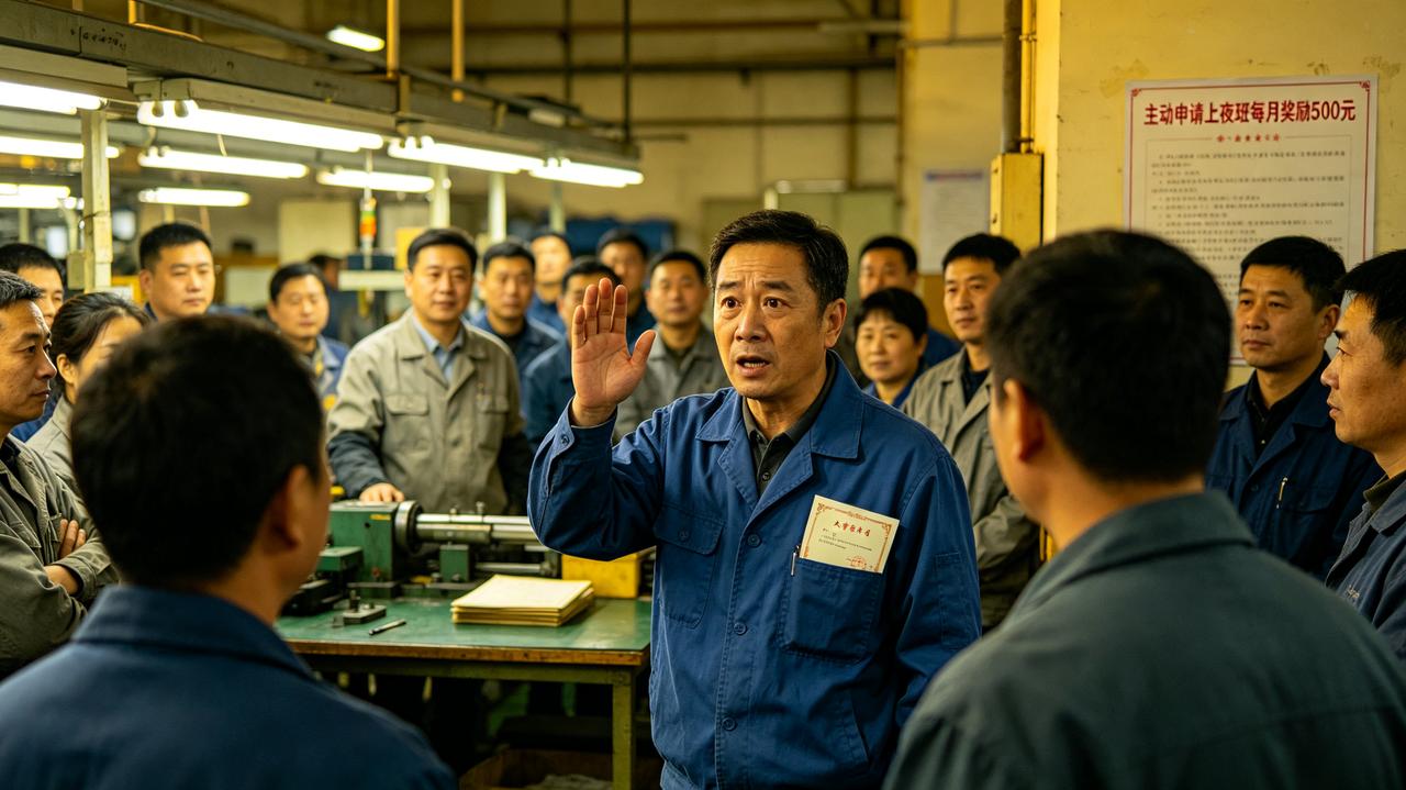 车间缺人，领导宣布：主动申请上夜班的，每月奖励500元。老周第一个报名。他儿子