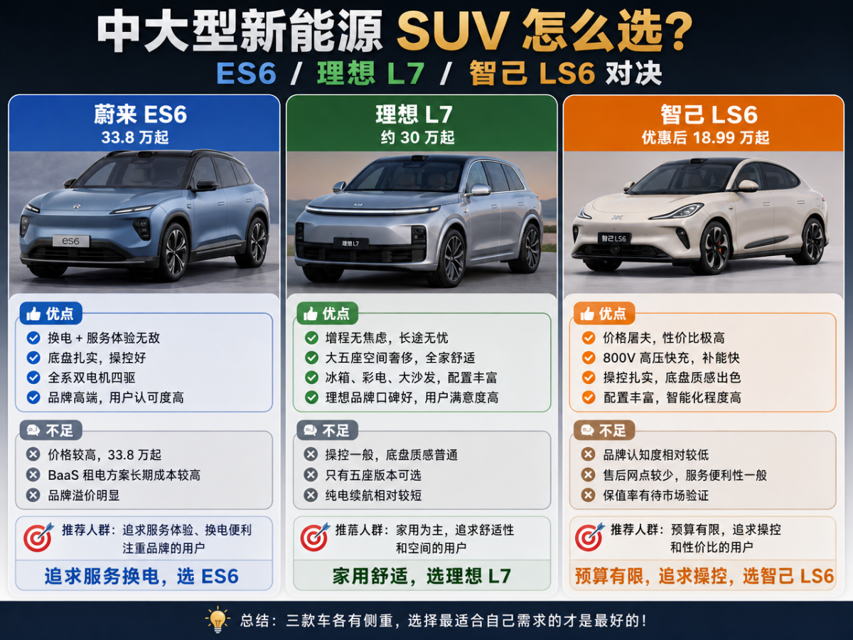 中大型新能源SUV怎么选？ES6/理想L7/智己LS6对决30万级中大型新能源SUV，各有各的绝活?