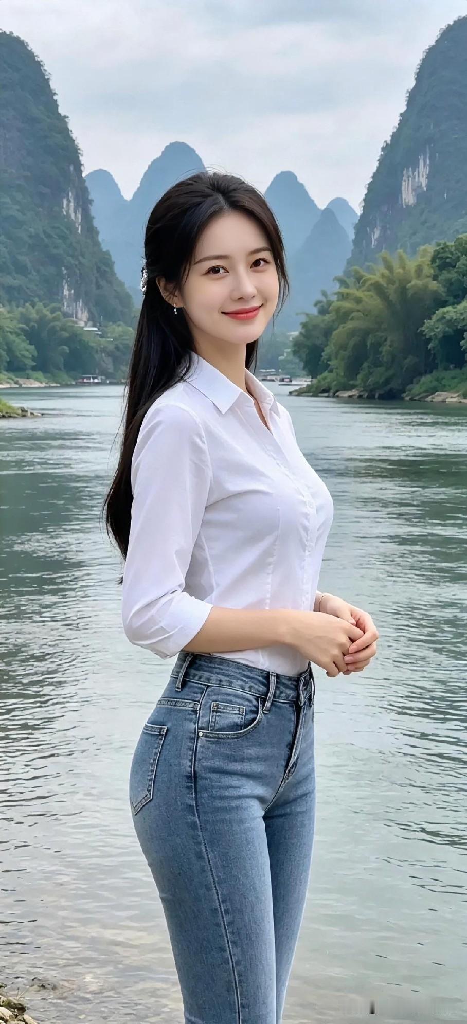 漓江如练，青山为屏。她着素衣立于水湄，笑靥清浅，温婉似风，融于水墨画卷，绽作人间