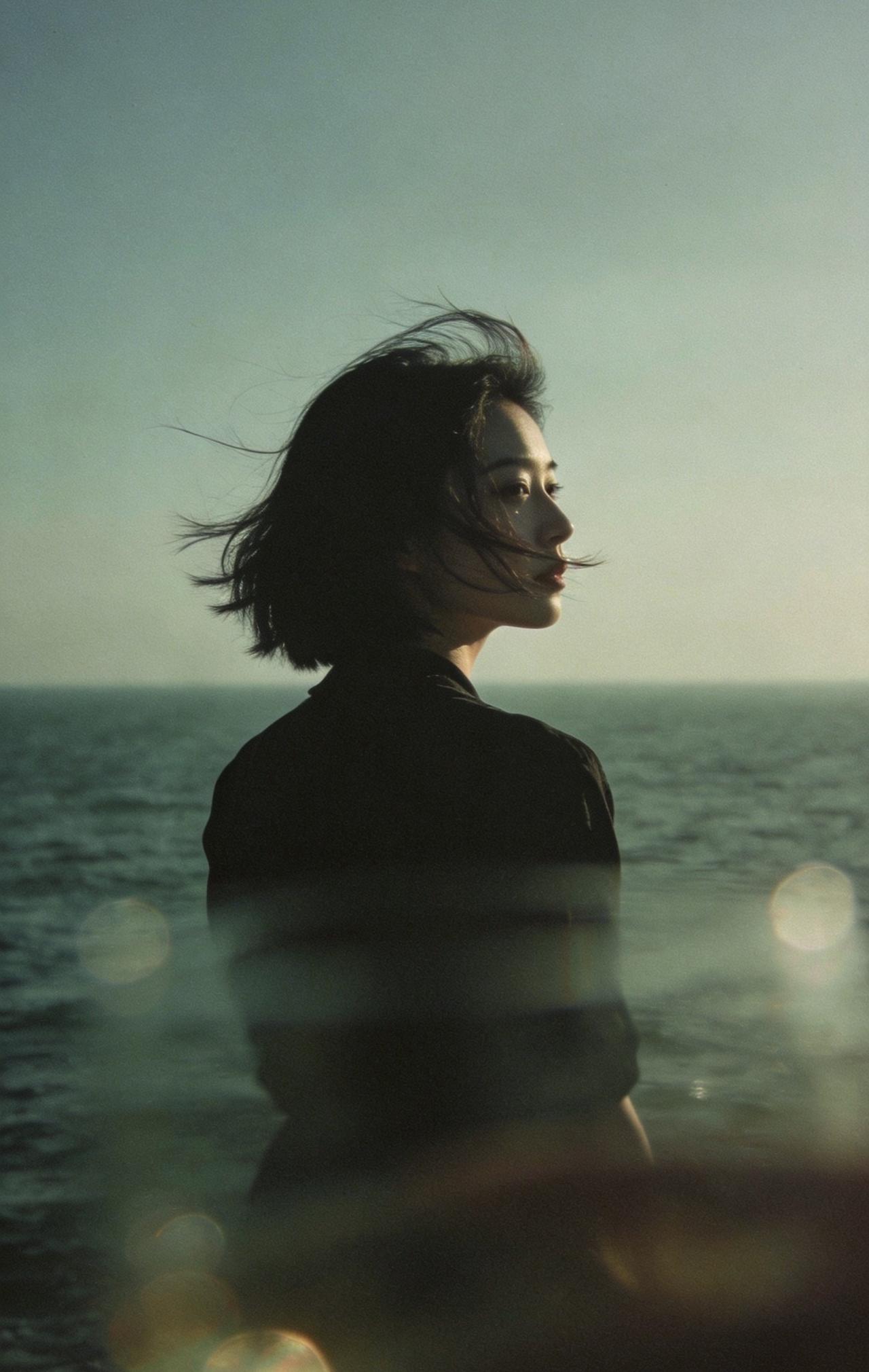 精美壁纸（716）🌈📝海边，一位女生背对镜头静静站立，微微侧身，中短发被海