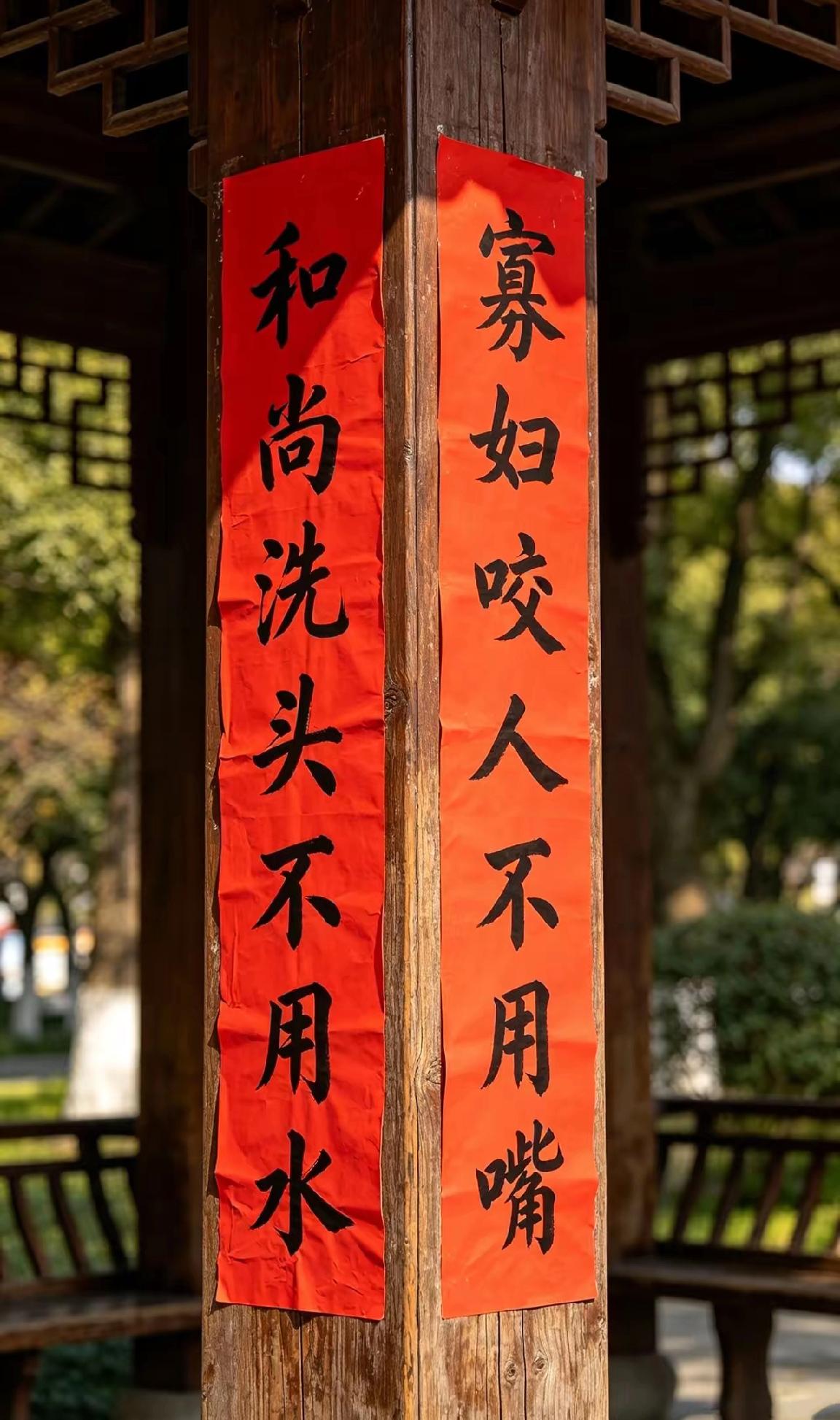 五一去会园游玩，看到凉亭柱子上贴着一副对联，据说横批空缺了899天，至今无人能对