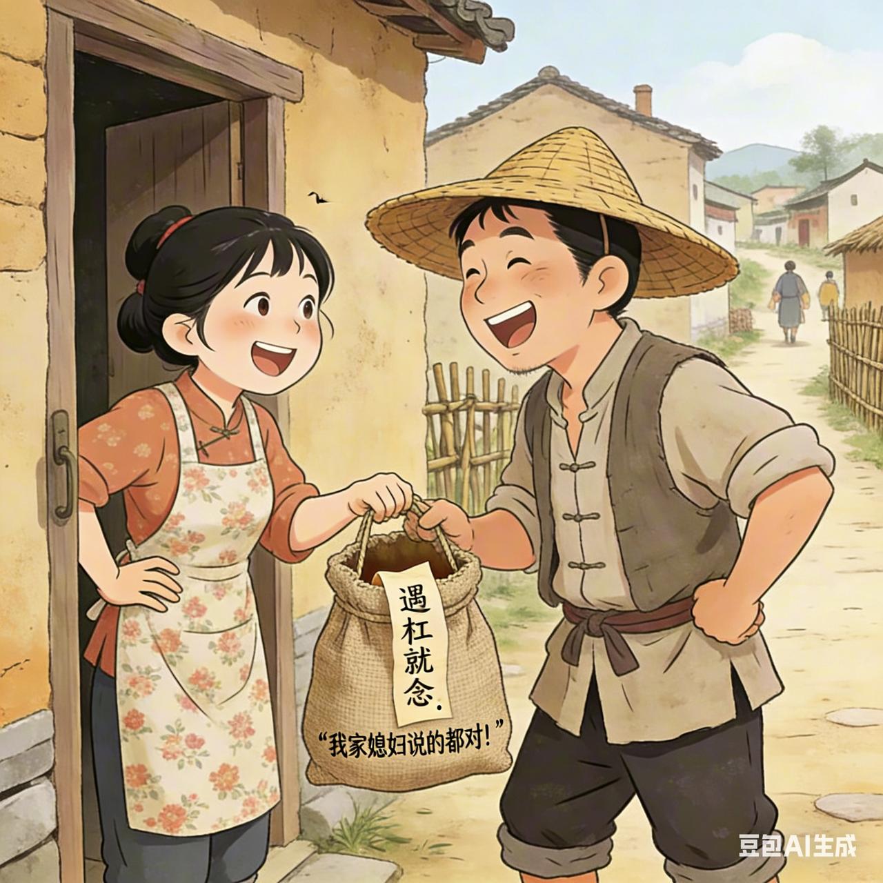 古代夫妻搞笑段子村里的王木匠要去邻村喝喜酒，媳妇临出门塞给他个布包：“遇着有