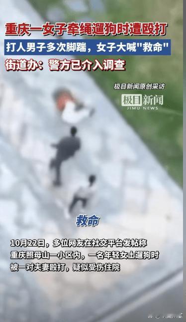 重庆,女子在小区里遛狗时碰到一对夫妻,丈夫对女子说道:“你这遛狗绳太长了,狗会妨