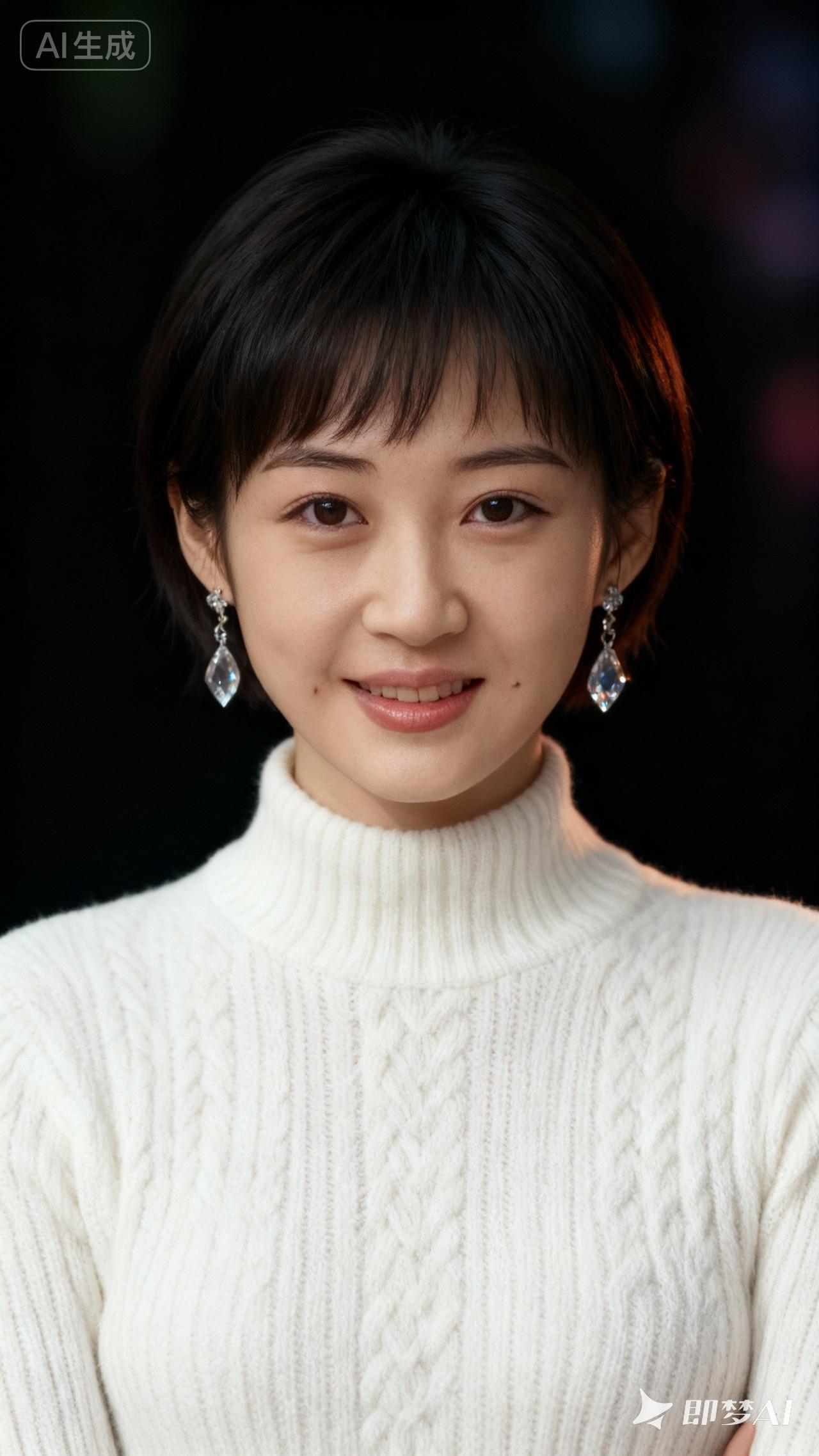 温柔甜美的冬日穿搭，白色毛衣搭配精致耳环，尽显优雅气质。