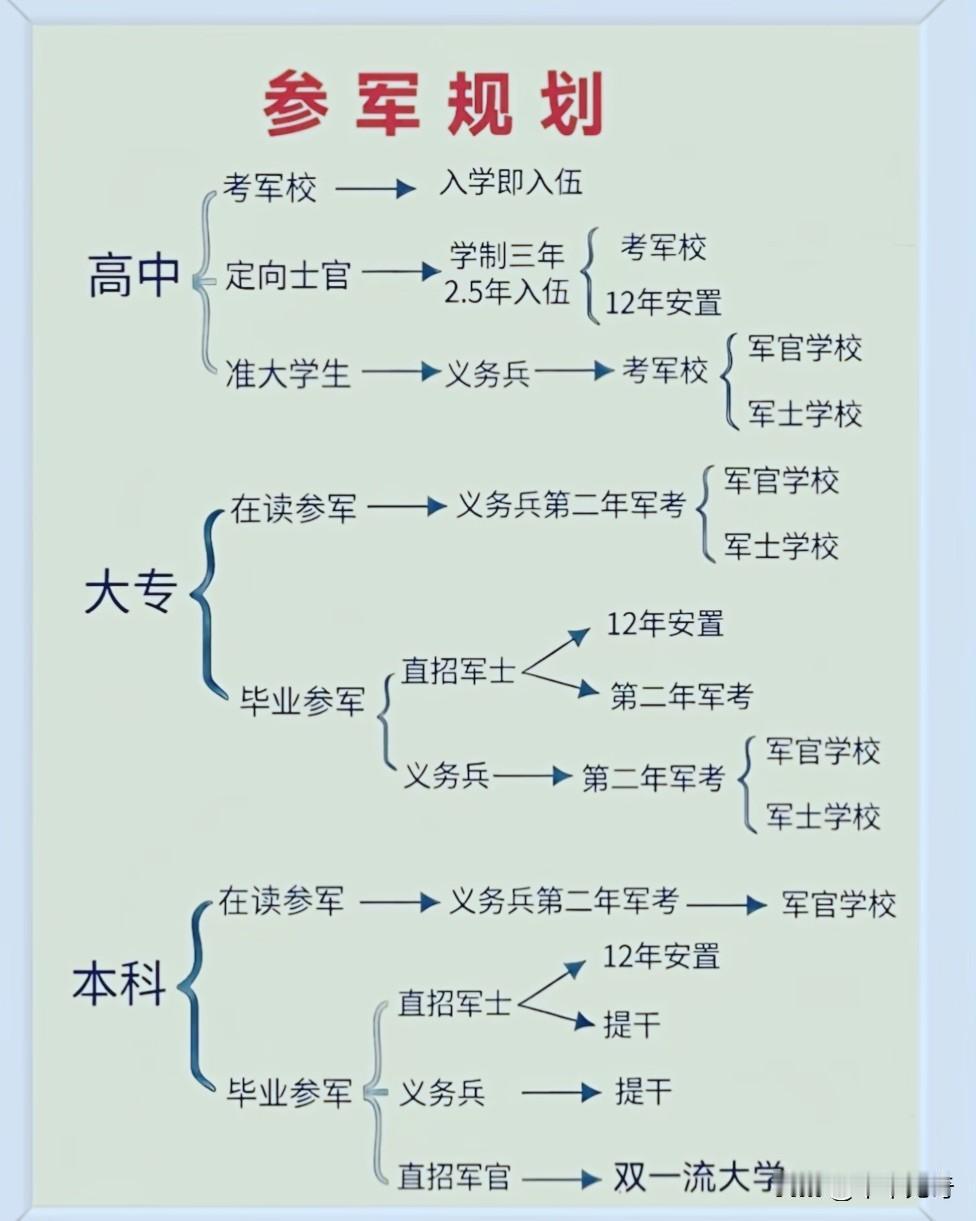 参军入伍并非只有“当义务兵”这一条路，根据个人学历、专业及职业规划的不同，主要有