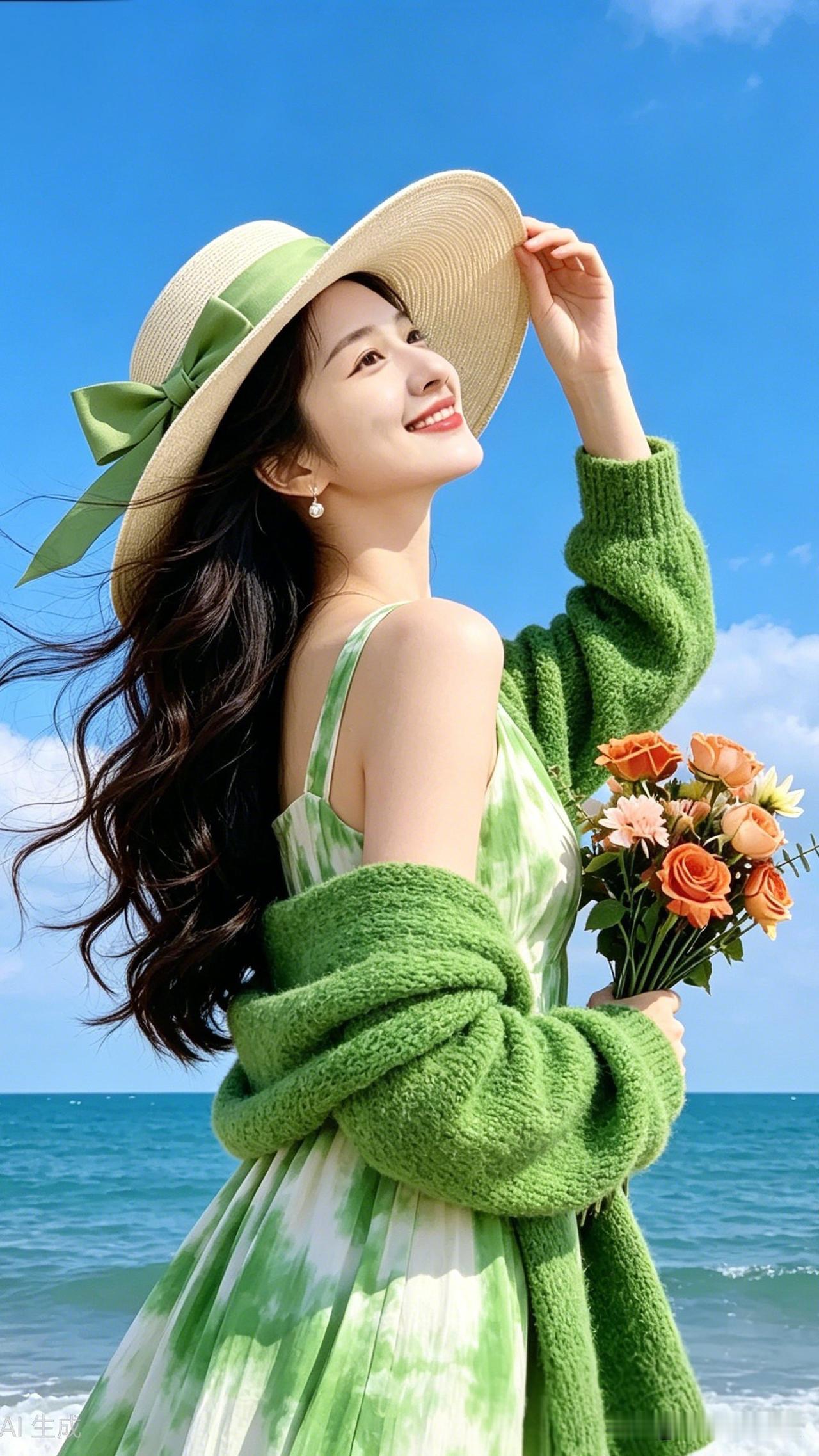 气质穿搭怎么穿才恰到好处?海边漫步，绿意盎然，花束相伴，笑靥如花。