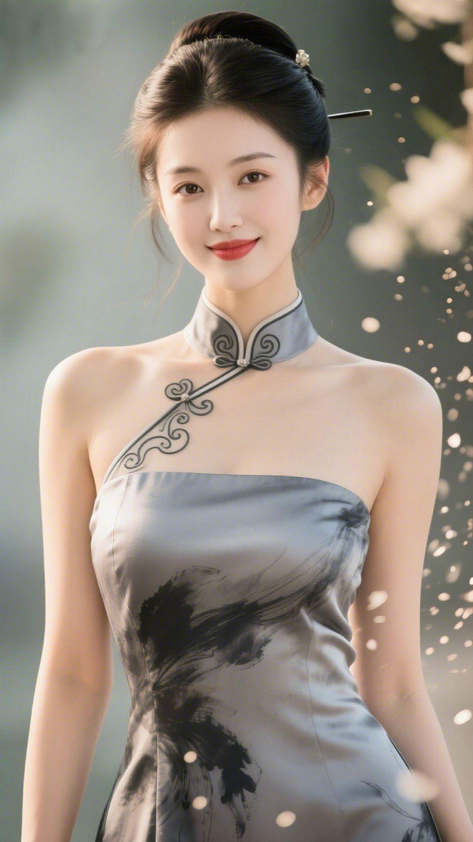 墨韵与雅衫烟色薄雾里，她立在落英轻扬处，灰缎衣装似将水墨晕作襟袖，盘扣纹路