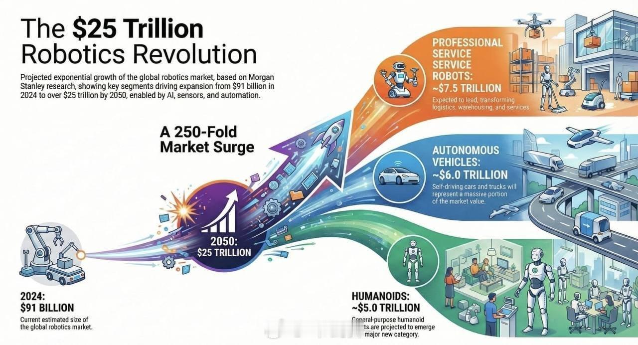 25万亿美元机器人革命摩根士丹利预测，全球机器人市场将出现指数级增长。研究显示，