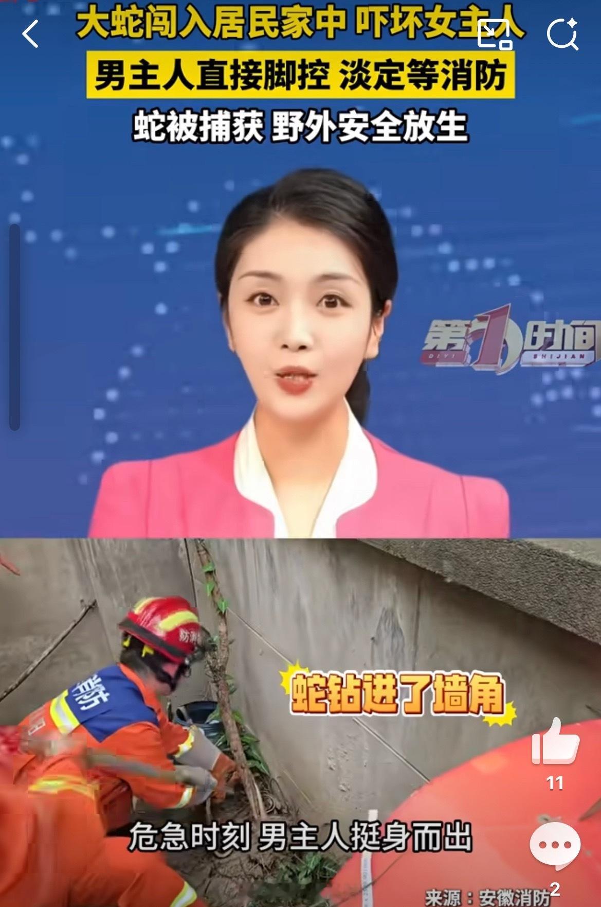 大蛇进家吓跑女主人丈夫淡定踩蛇安徽阜阳一户居民家中突生惊险一幕，一条一米多长的大
