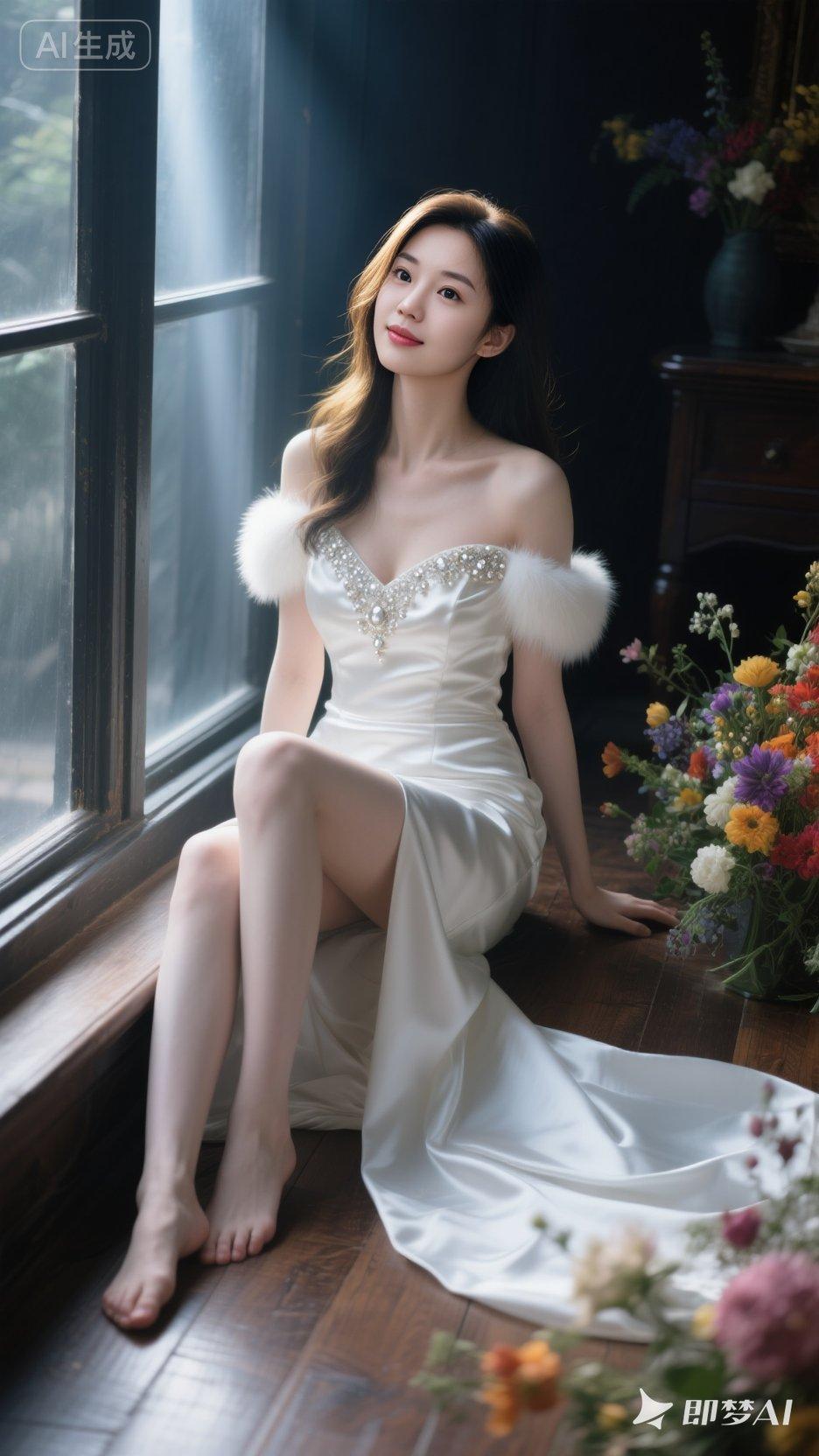 优雅白裙少女，静坐窗边，花海相伴，梦幻如画。