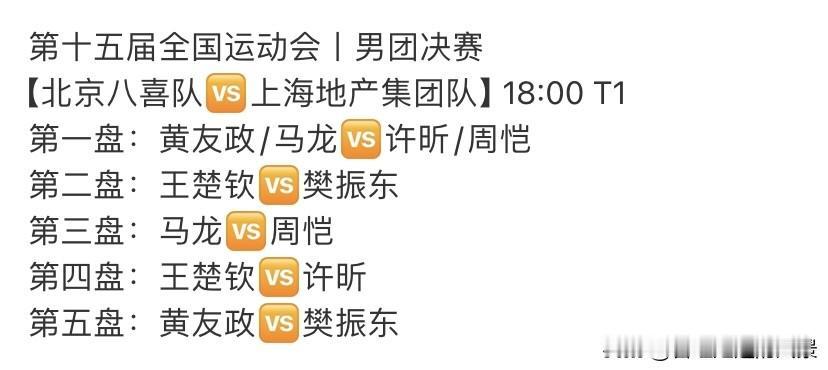 十五届全运会男单决赛对阵确认了，王楚钦再战樊振东，两人都是核心位置铁血一单！王楚