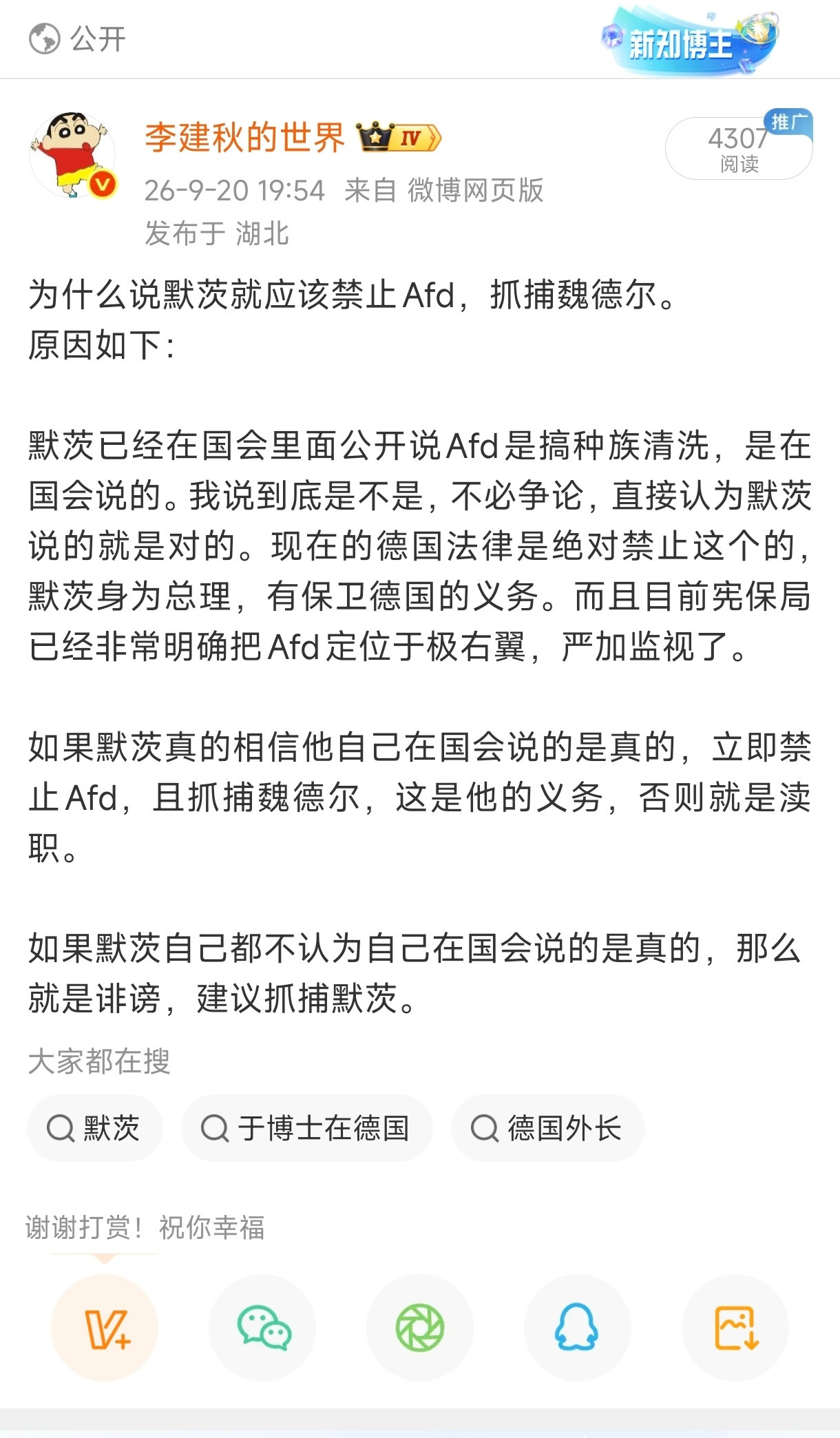 有些人可能觉得政客“说说就算了”，不是每一个地方都是美国那种。德国不一样，默茨既