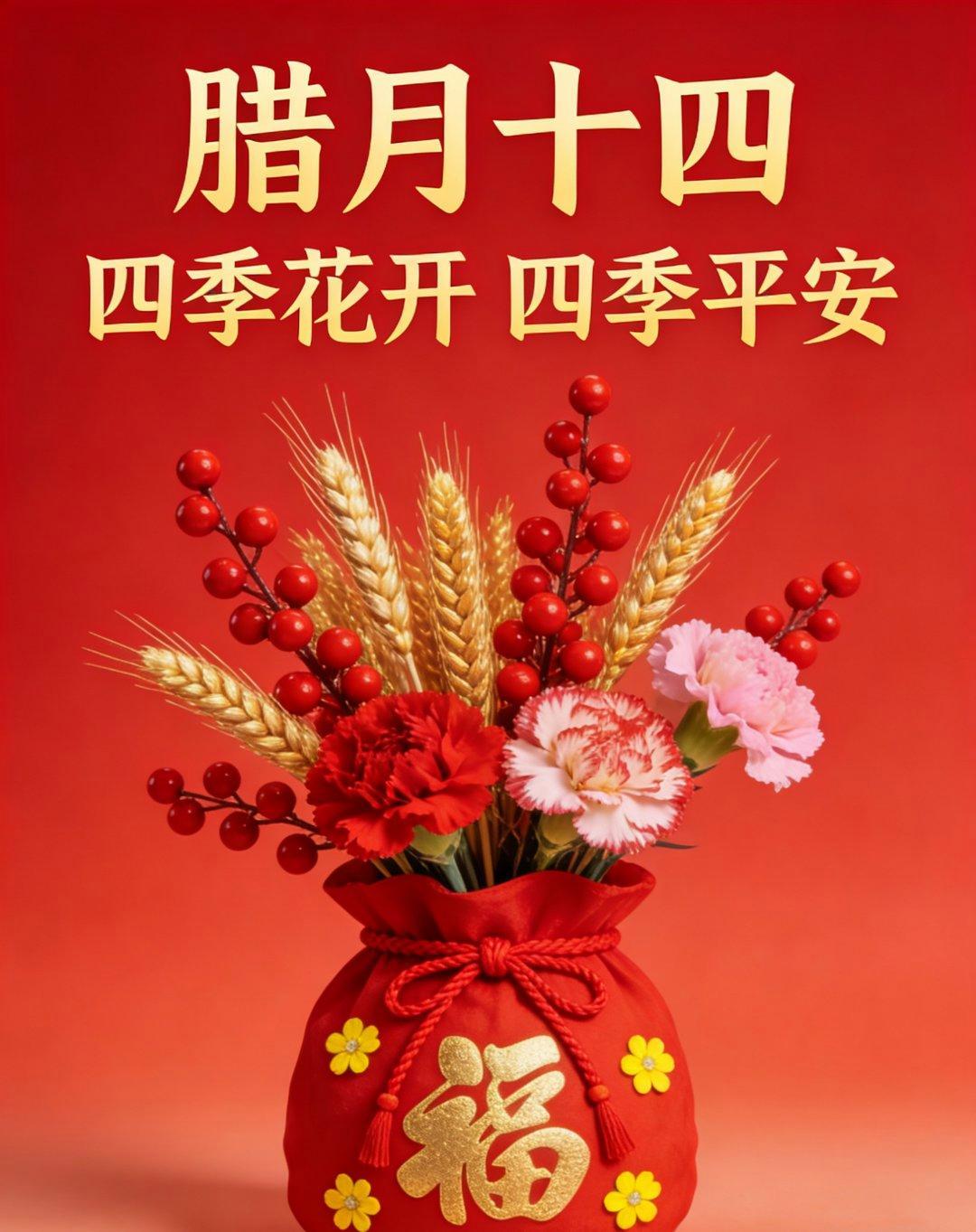腊月十四，福满四季，愿您拥有:健康的“一”生，幸福的“二”人，顺利的“三”星，如