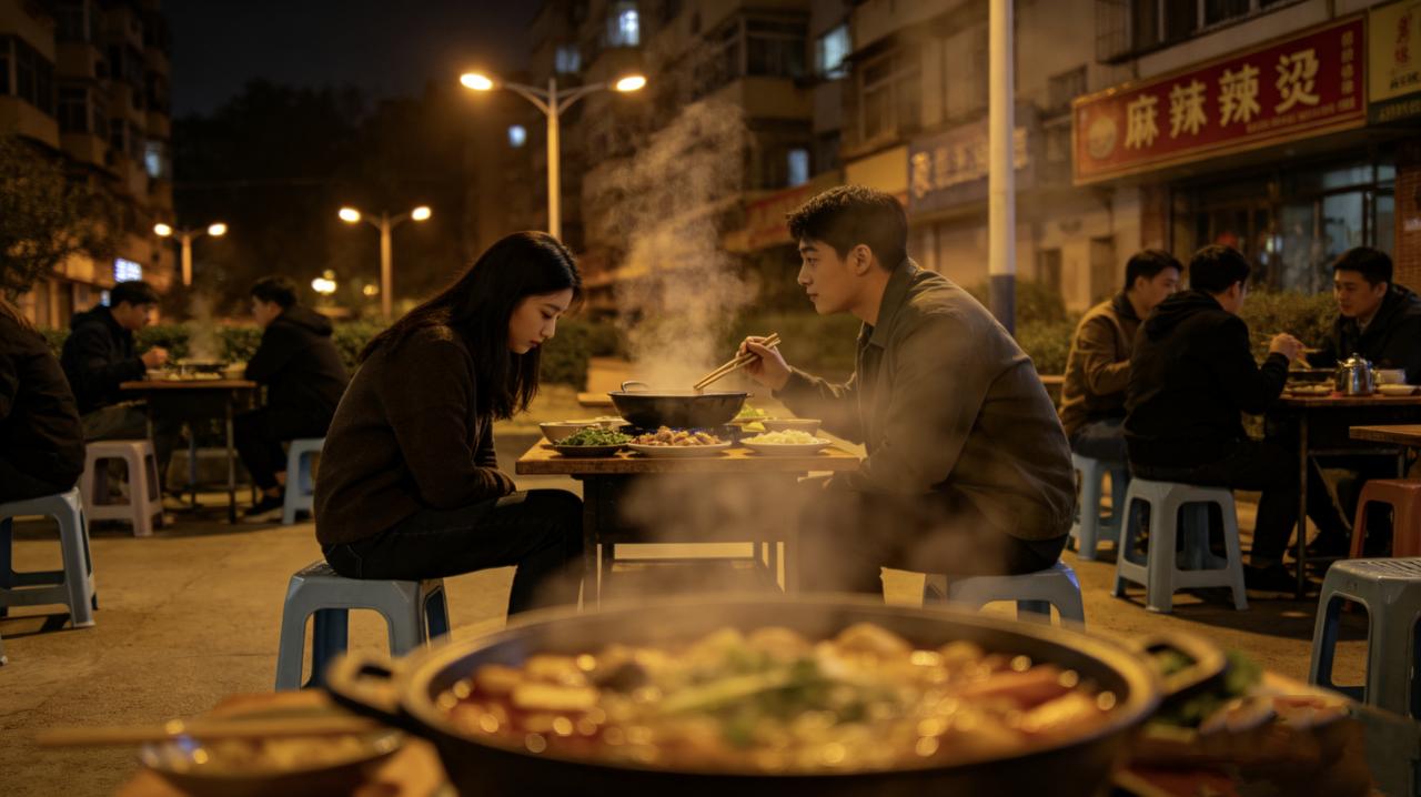 小区门口的麻辣烫摊，一对情侣在吃宵夜。女孩边吃边刷手机，突然把屏幕怼到男孩脸上