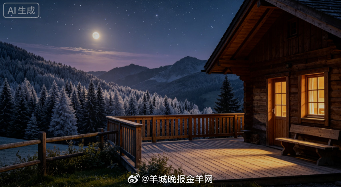 #晚安#柔和月光铺满木屋露天平台，远山与松林覆上一层银纱，夏夜晚风送来阵阵清凉