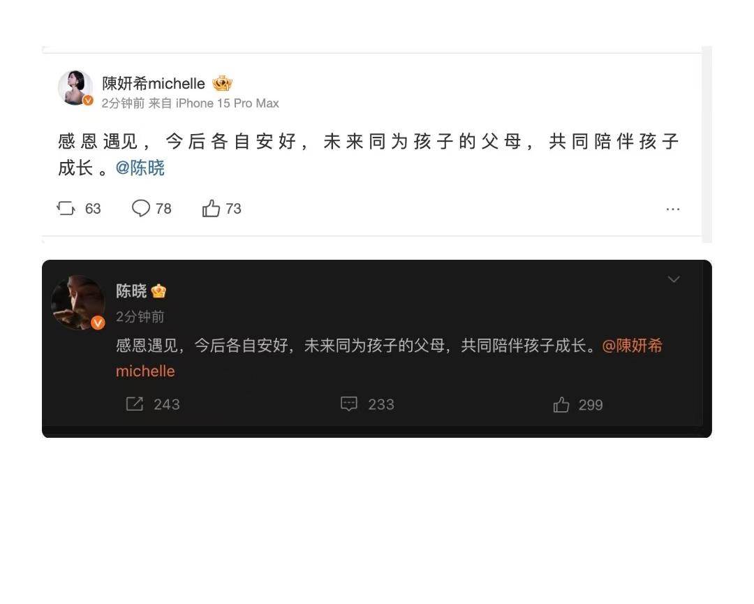 “感恩遇见，今后各自安好，未来同为孩子的父母，共同陪伴孩子成长”。陈妍希和陈晓官