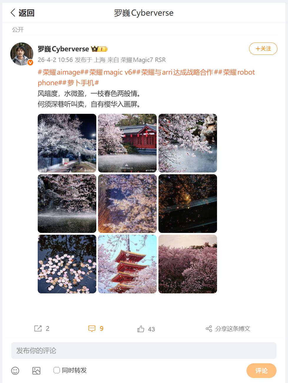 荣耀首席影像工程师罗巍，分享了一组利用荣耀MagicV6，拍摄的春色花海的靓照