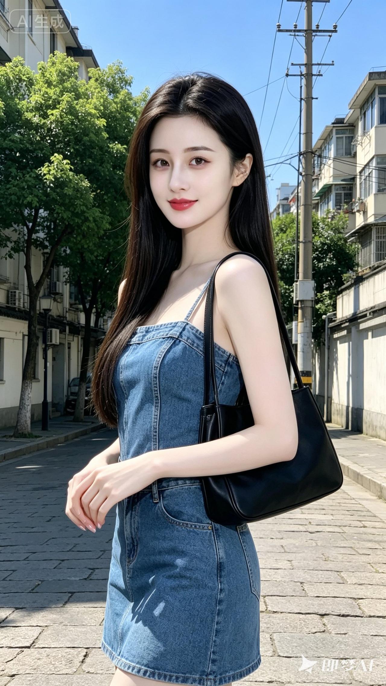 夏日穿搭指南：牛仔连衣裙+黑色手提包，清新自然，元气满满！