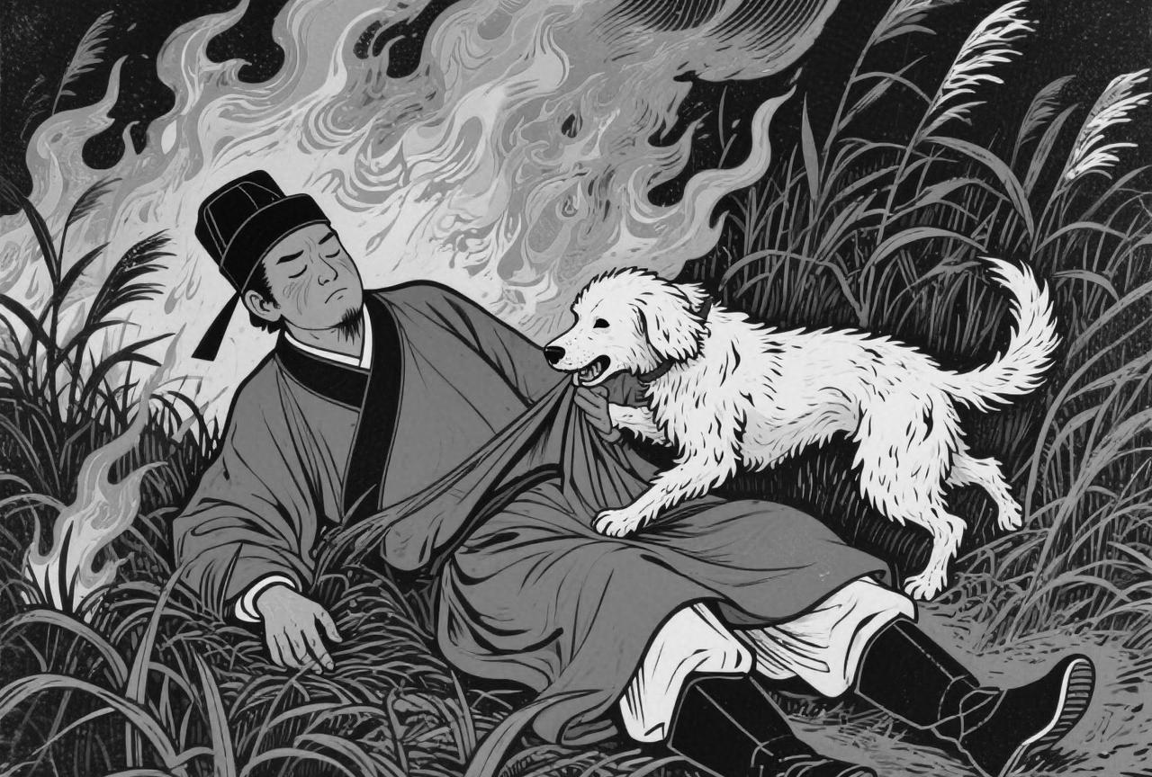 有人养了一条田园土狗，非常宠爱，形影不离。他去外面喝酒，大醉，躺在山脚下的草丛