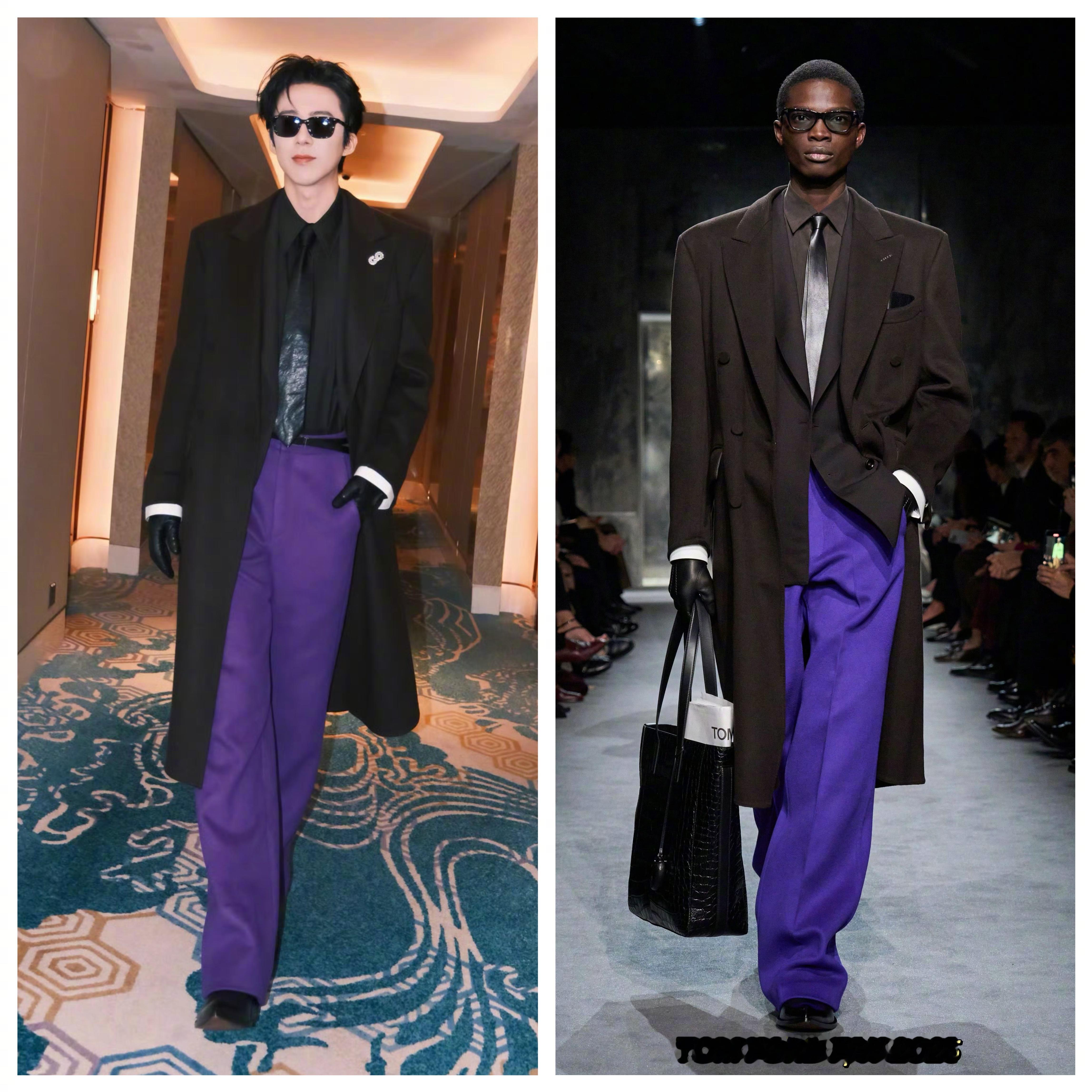 刘宇宁今晚造型，身穿TOMFORD2025秋冬男装出镜，利落大衣配紫