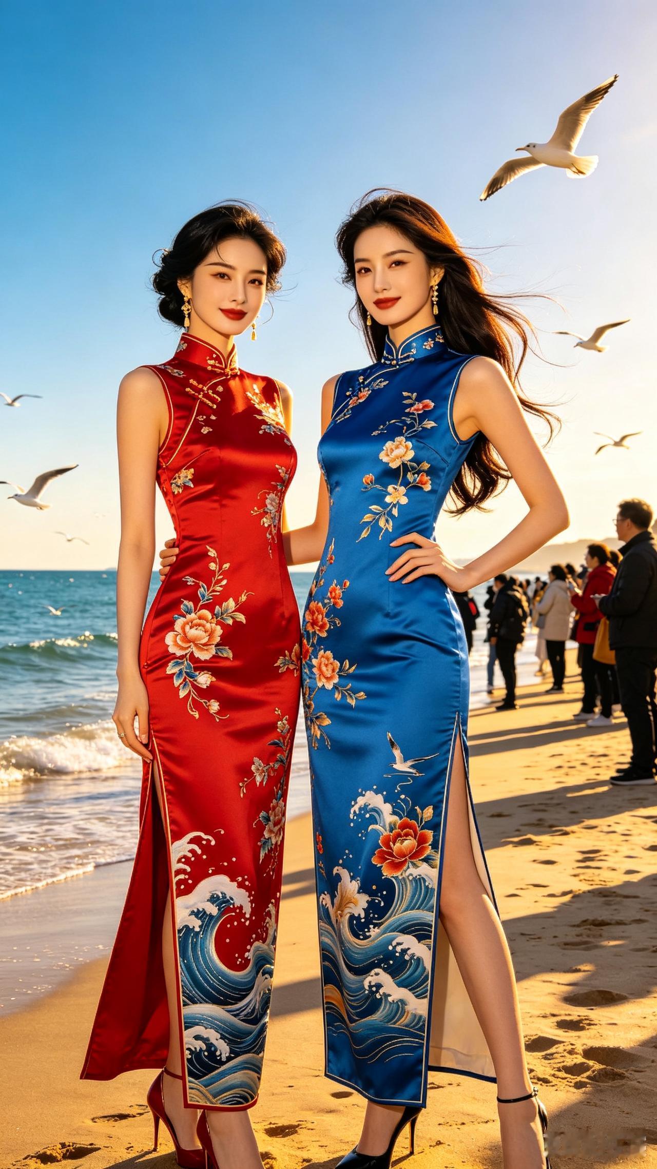 七言绝句·温婉风万顷沧波接远天，双姝缓步倚沙滩。罗裙韵致风情美，一路行人