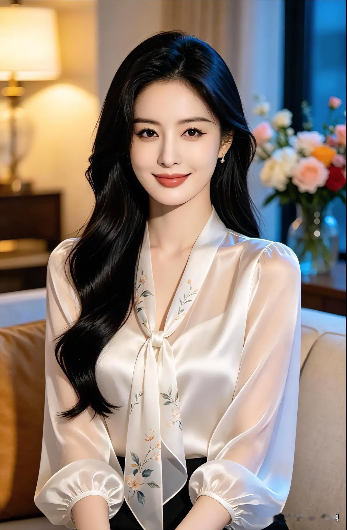 柔光倾洒，晕染温婉气韵。缎面流光轻盈，绣笔点染繁花，颈间飘带优雅结系，宛若晨曦中