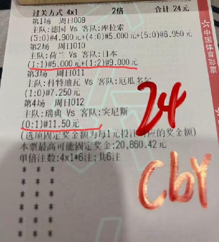 网上看到的两张几乎一模一下的彩票，关于今天世界杯四场比赛的预测，浙江和江苏彩民给