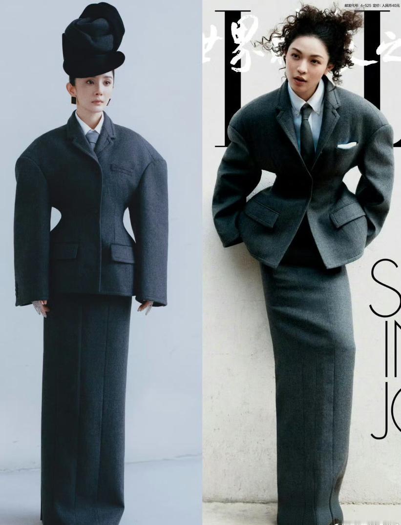 钟楚曦这是咋想的啊杨幂穿这套衣服上了十月份的杂志，这姐转眼就穿了同款去拍了另一