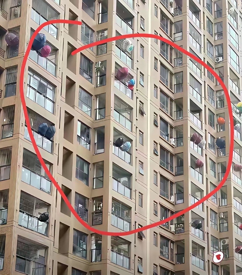 我们小区好多阳台都挂着雨伞，看得一头雾水。大伙知道这是干啥用的吗，求懂行的说说？