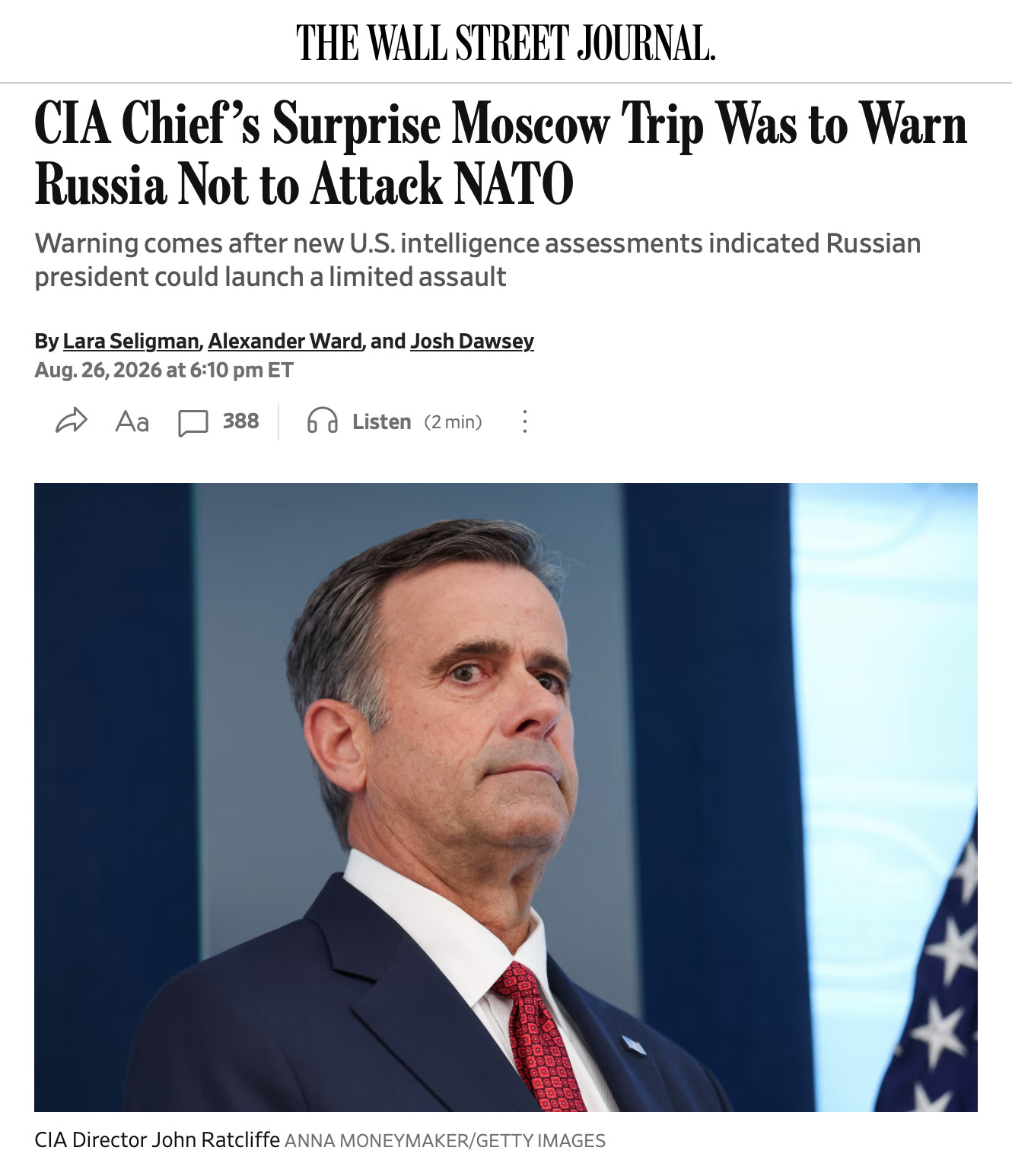 WSJ说CIA局长去莫斯科是为了警告俄罗斯不要进攻北约盟国。之前有报道称，有情报
