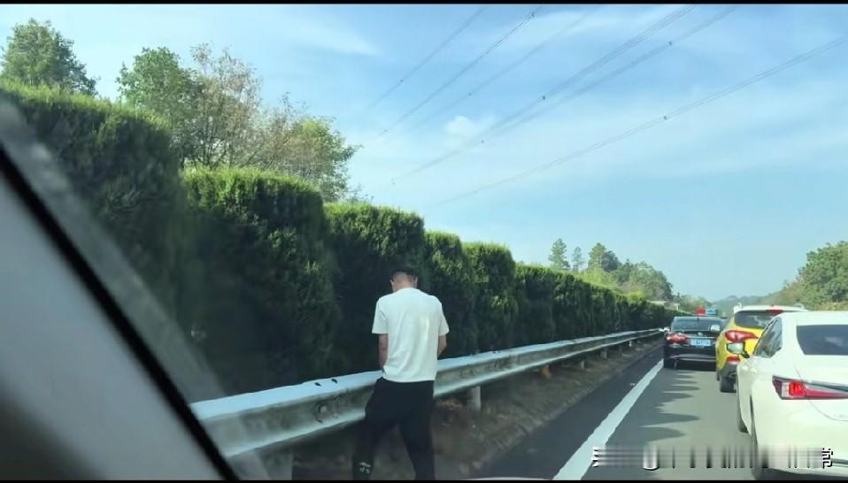 高速上堵车社死现场！在广东某堵到天荒地老的高速上，一位大哥的操作直接把网友